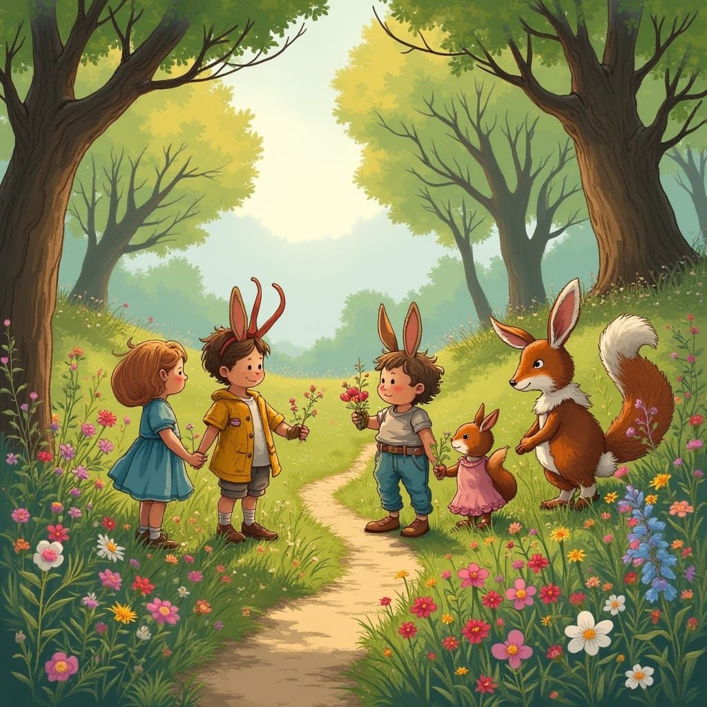 Children Plant Flowers in Enchanted Garden with Talking Anim...