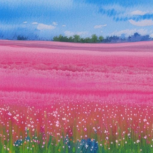 Model in Pink Dress in Flower Field as Gouache Painting