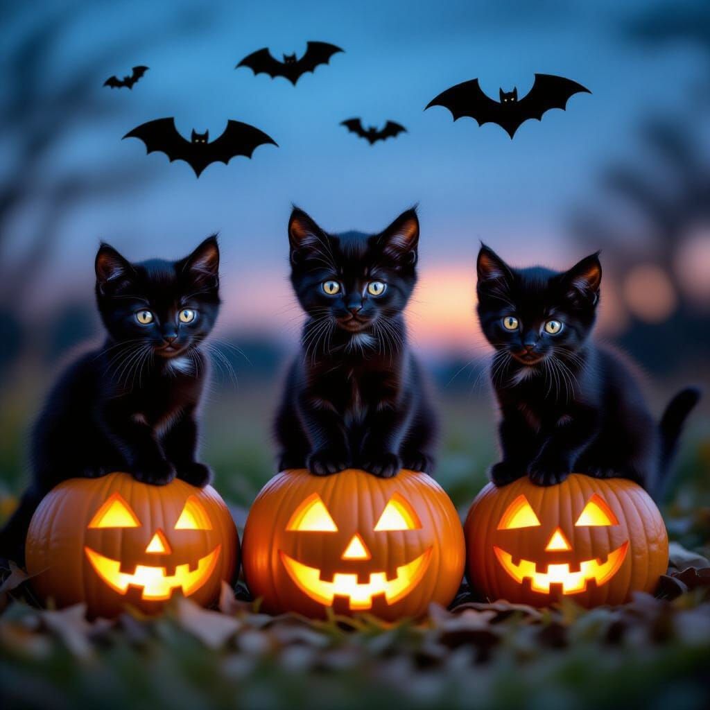 Realistic Black Kittens on Jack O'Lanterns with Bats