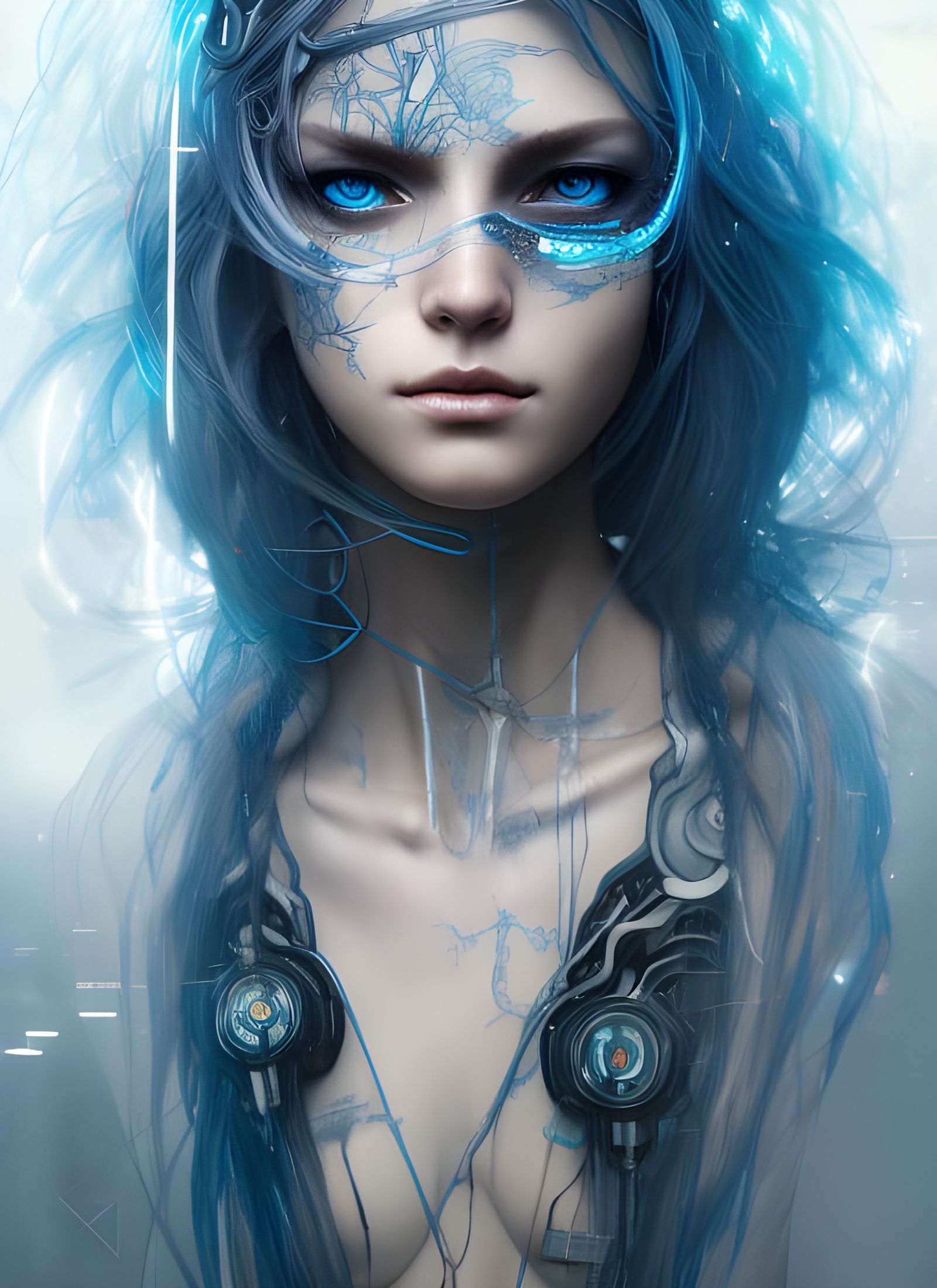 Cyberpunk Goddess with Blue Hair: Digital Illustration