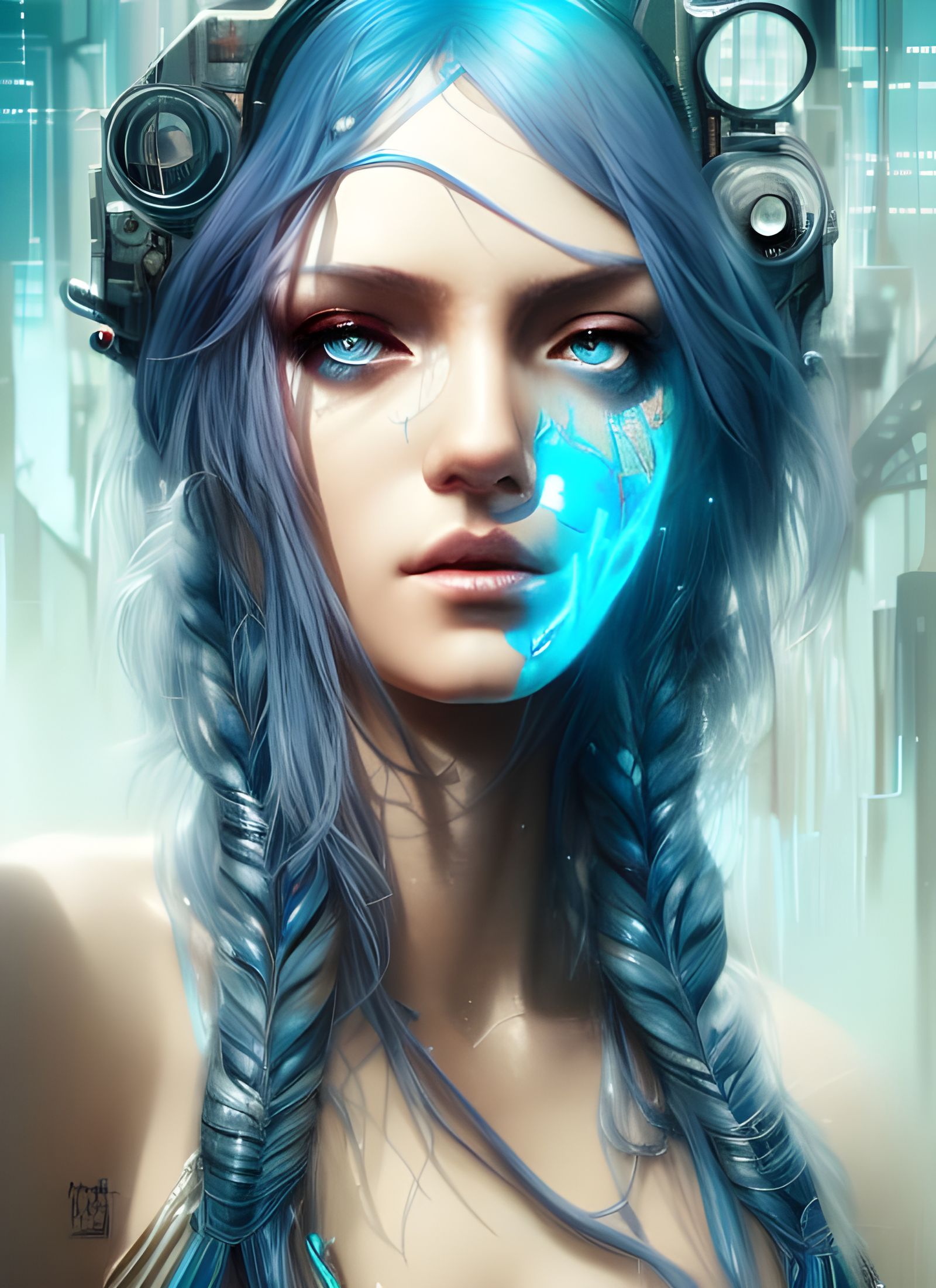 Cyberpunk Goddess with Blue Hair, Digital Art