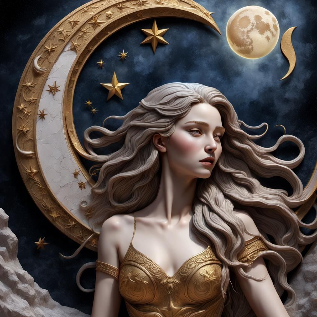 Goddess with Crescent Moon in Bas-Relief Sculpture