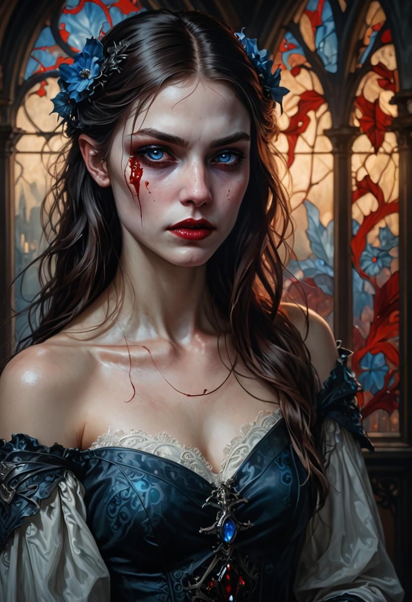 Gothic Vampire Portrait with Blue Eyes, Detailed 8K