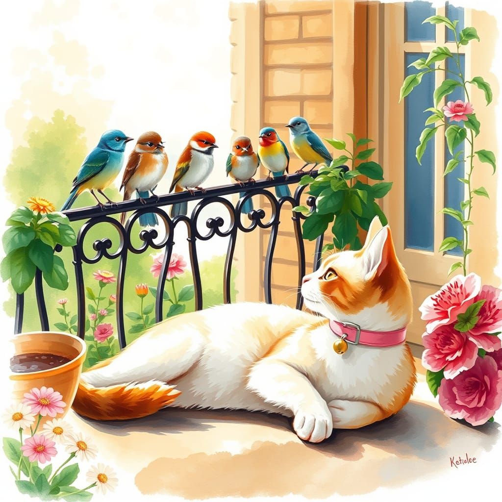 Cat Watches Birds on Balcony in Whimsical Watercolor Style
