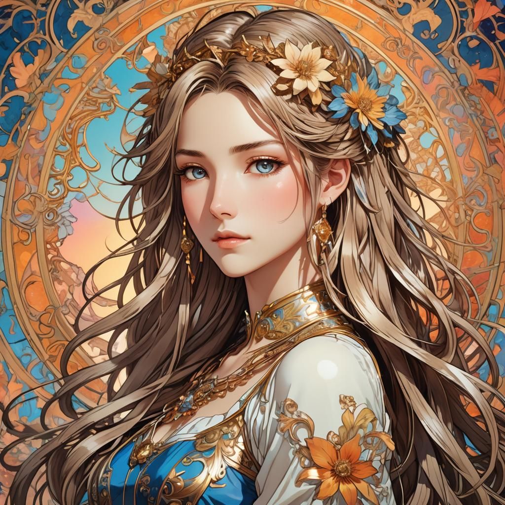 Belldandy in Manga Style with Art Nouveau Elements