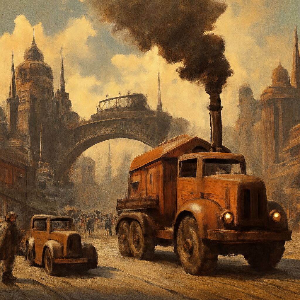 Vintage Dieselpunk Landscape With Functional Aesthetics