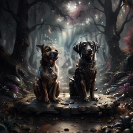Mystical Forest Dogs on Pedestal, Stylized Concept Art