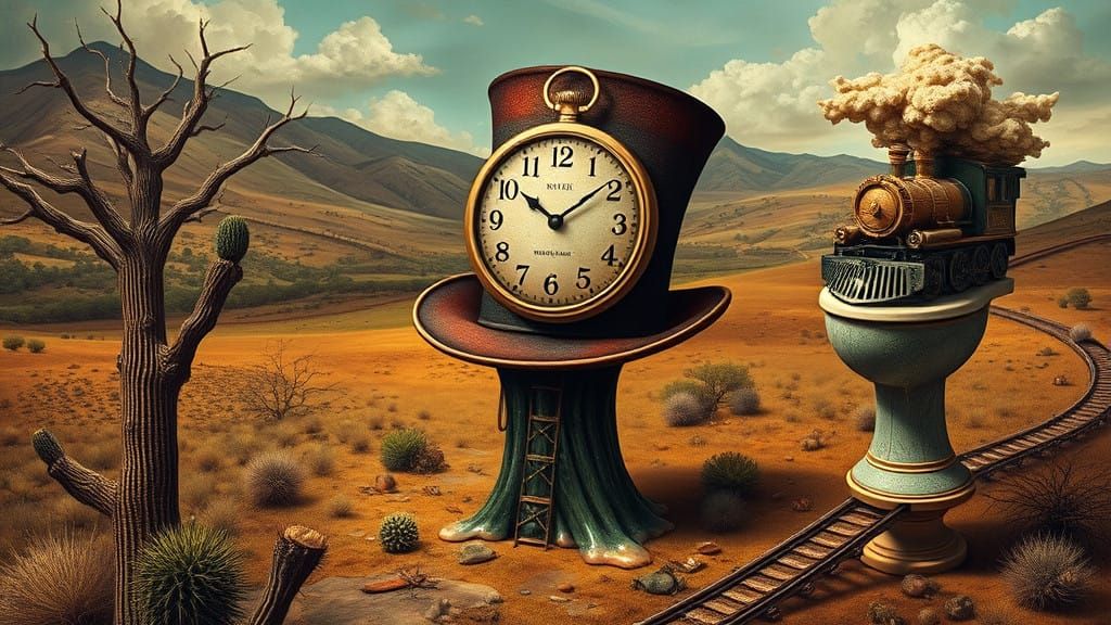 Surrealist Masterpiece: Dreamlike Landscape with Quirky Cloc...