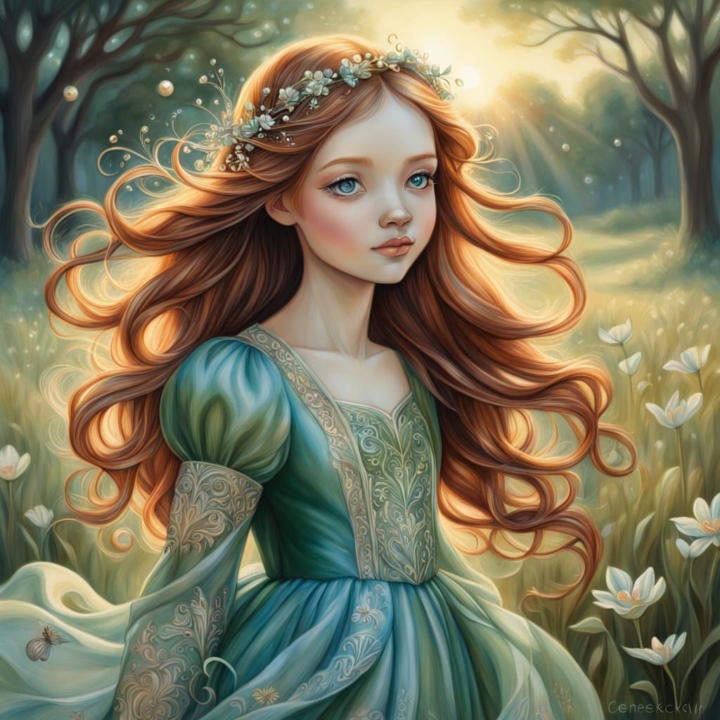 Whimsical Girl in Sunlit Meadow, Delicate Gown and Emerald E...