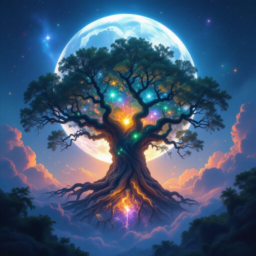 Cosmic Tree Reaching for Crystalline Moon