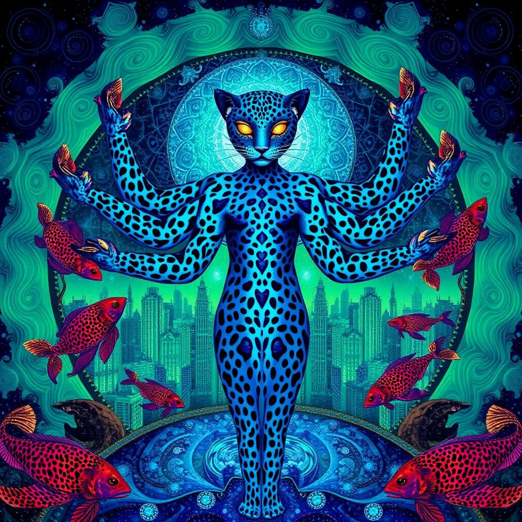 Blue Leopard Goddess with Fibonacci Fish: Surreal Art