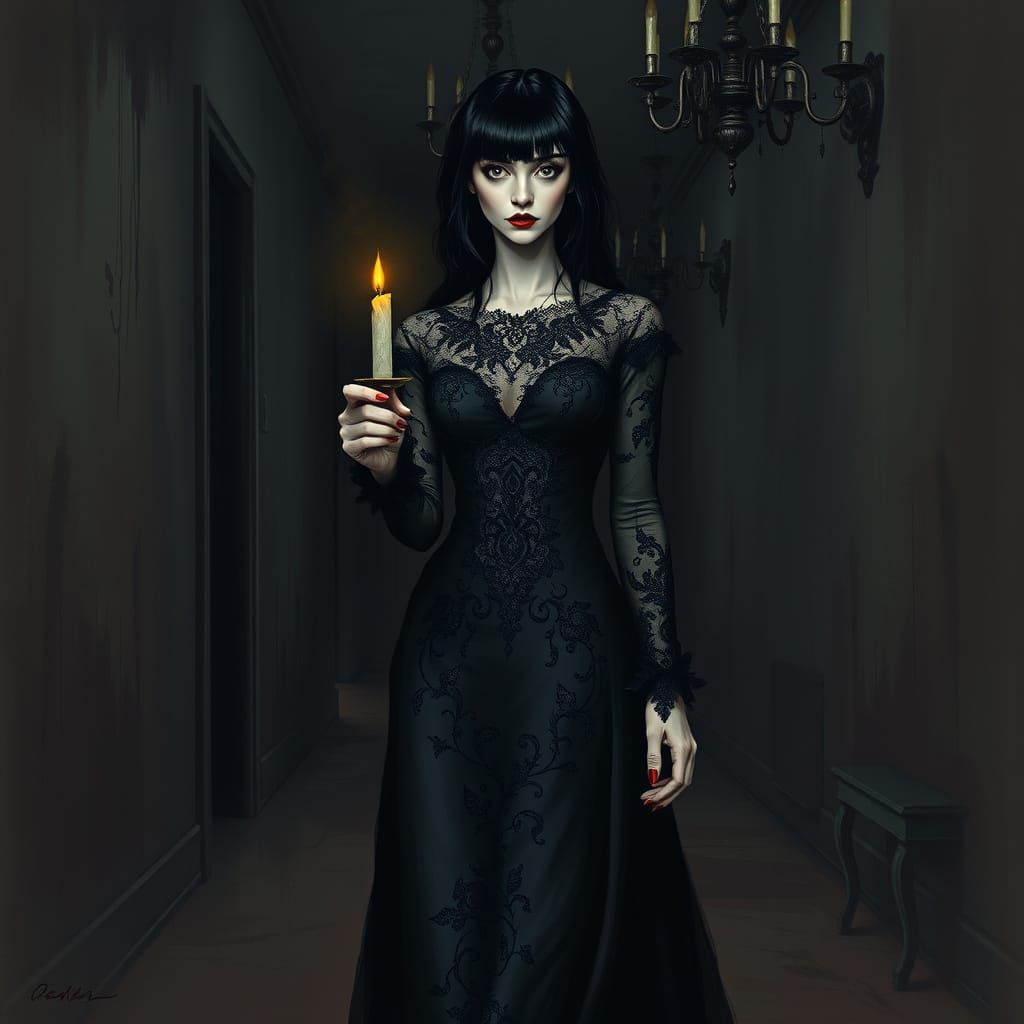 Ethereal Gothic Woman in Dimly Lit Hallway