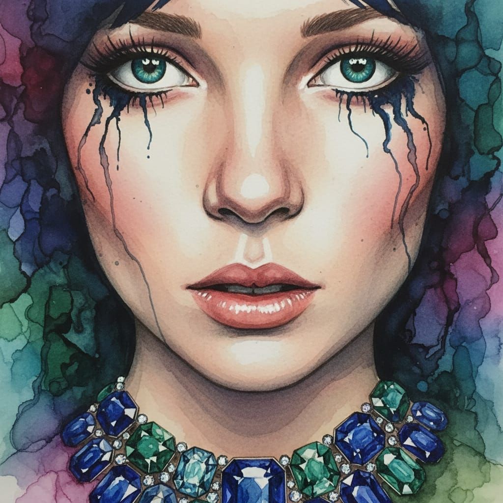 Whimsical Eerie Portrait with Sapphire and Emerald Necklace
