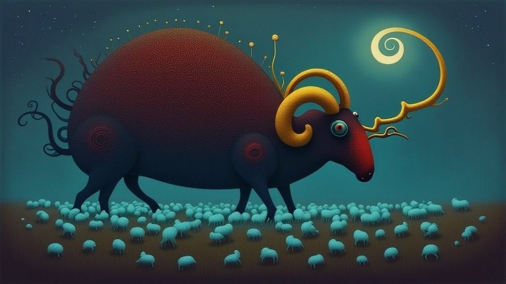 Biomechanical Kaiju-Ram Guardian of Luminescent Lambs