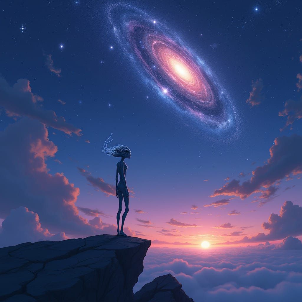 Ethereal Alien Gazing at Celestial Canvas in Soft, Warm Ligh...