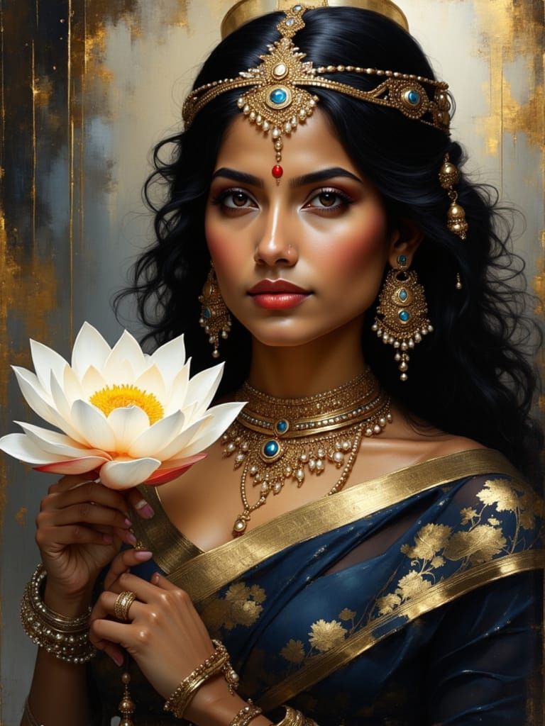 Holding a lotus flower.