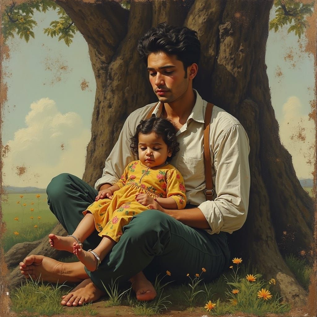 Impasto Oil Painting of Man Holding Child by Ancient Oak