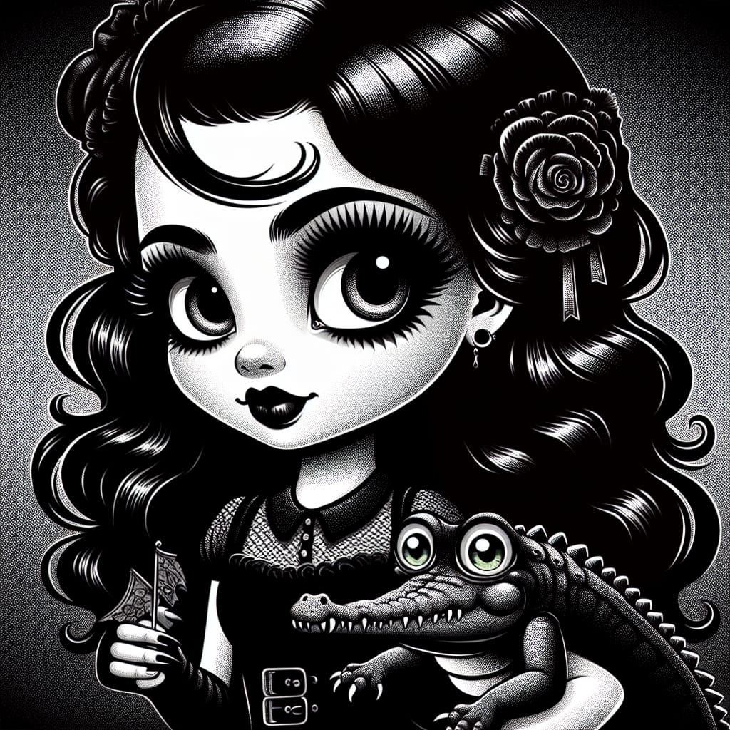Gothic Girl and Crocodile in Lowbrow Pop Art
