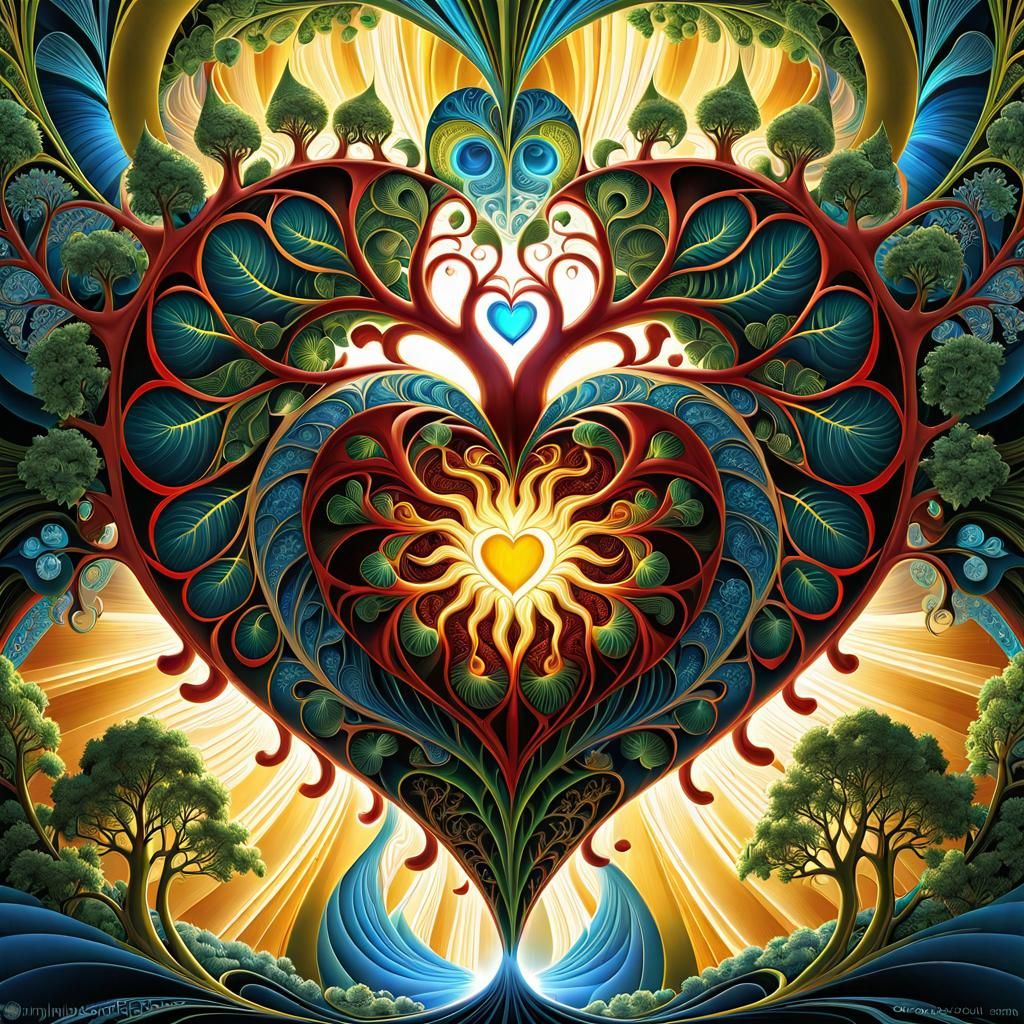 Radiant Fractal Heart Landscape: Digital Art