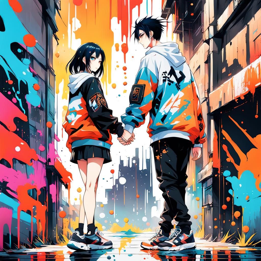 Anime Couple Holding Hands in Graffiti Art Style