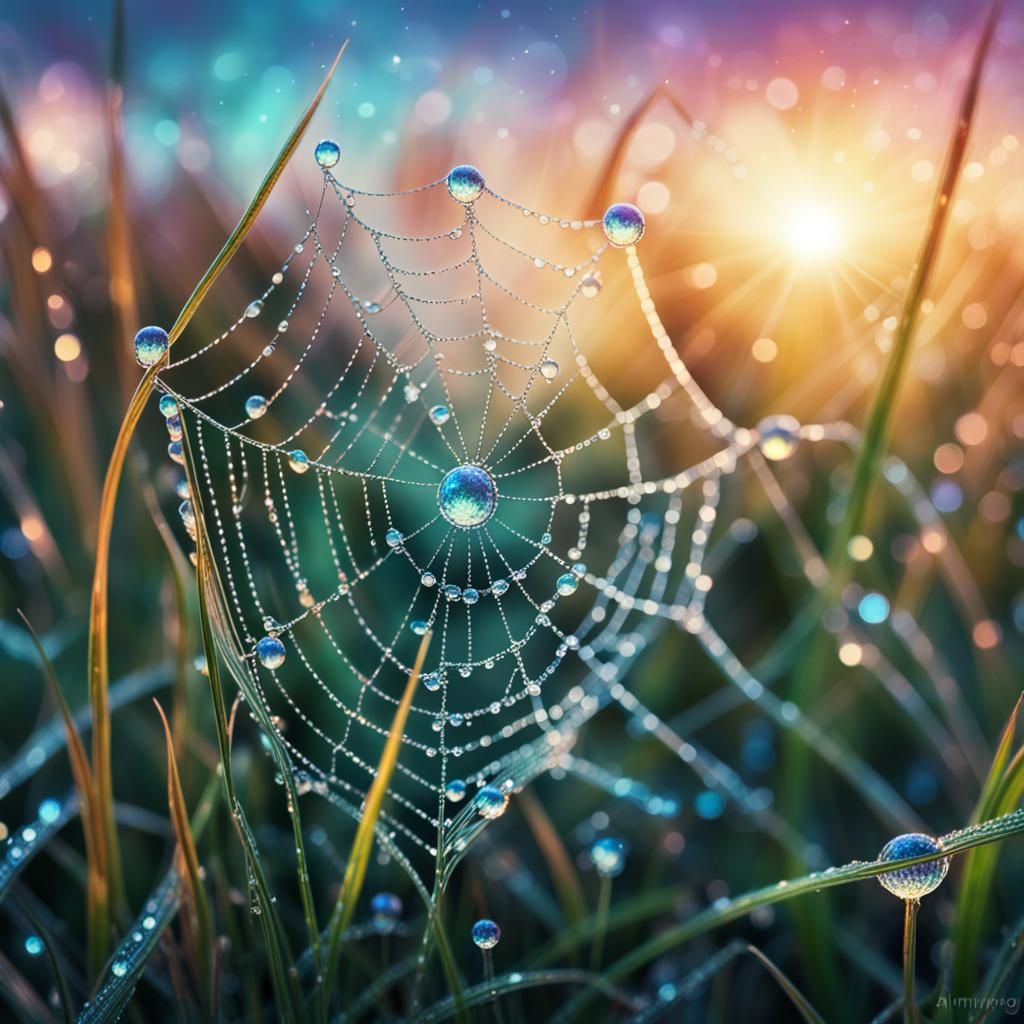 Sunrise Dew on Spiderweb: Holographic Macro Illustration