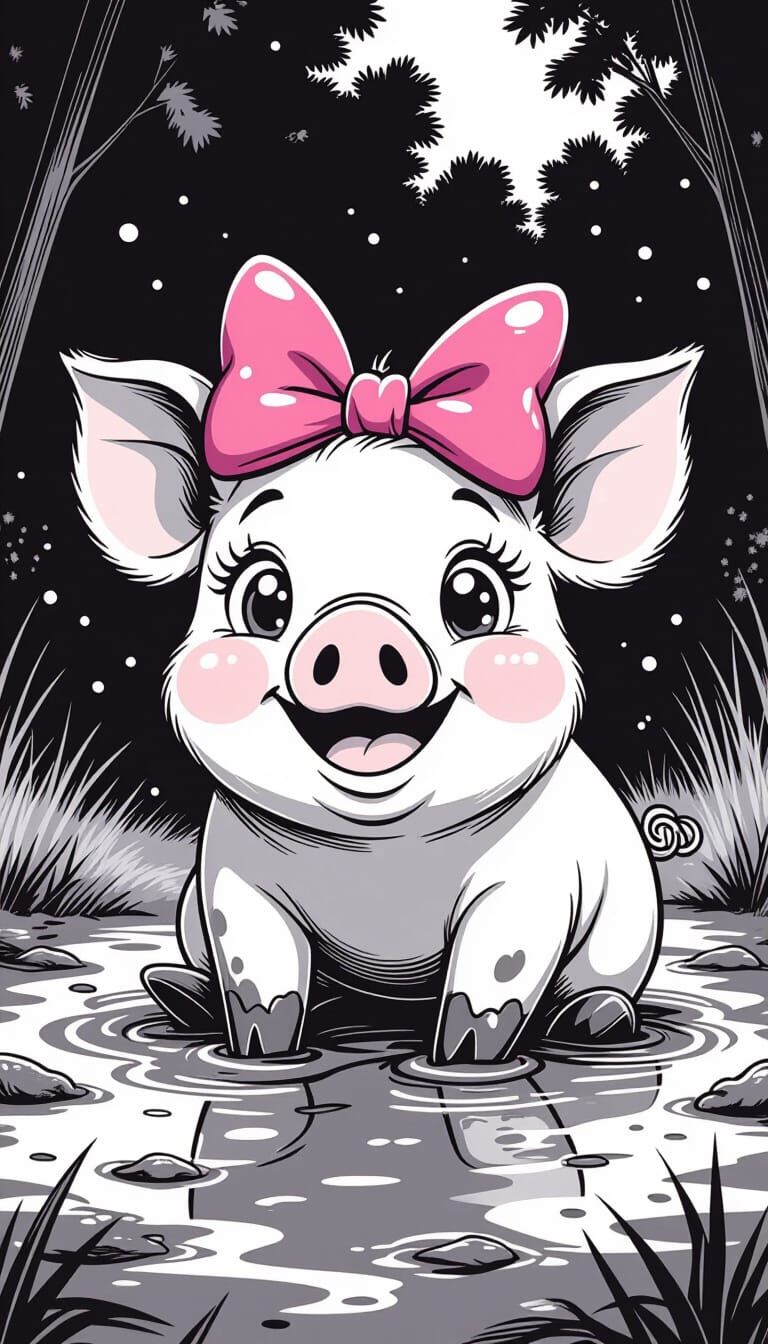 Cartoon Pig Playing in Mud: Black and White Illustration