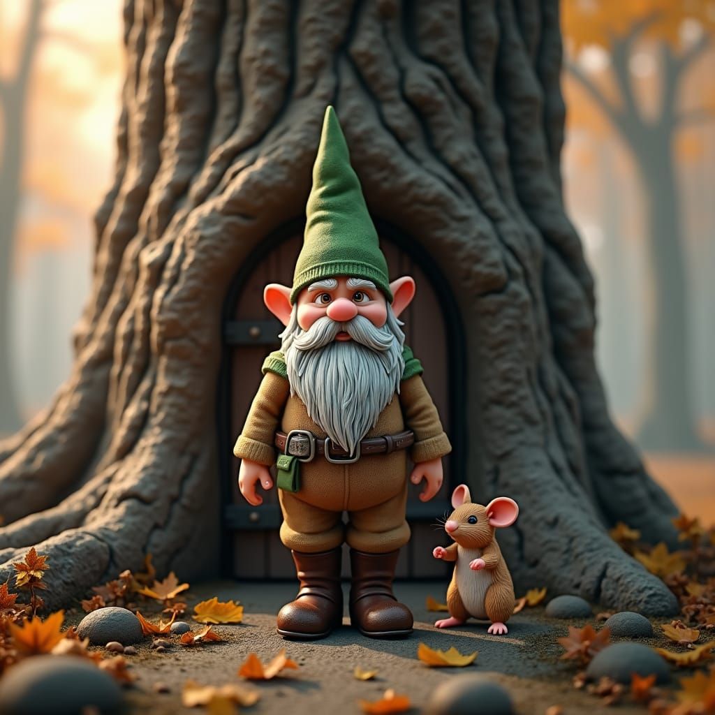 Gnome and Mouse in Fall Forest, Fantasy Art