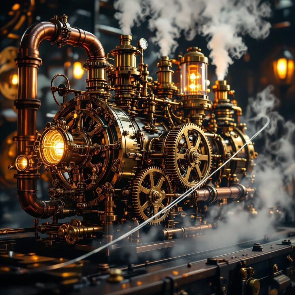 Steampunk Engine with Delicate Wire in Dramatic Light