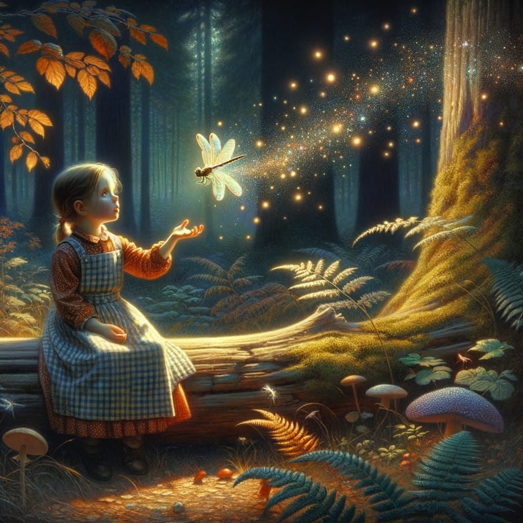 Girl Whispers Secrets to Dragonfly in Enchanted Forest