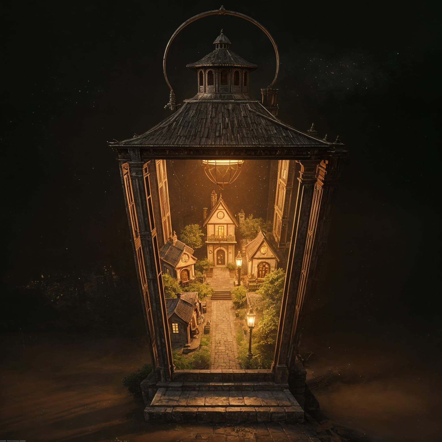 Miniature World Inside Antique Bronze Lantern