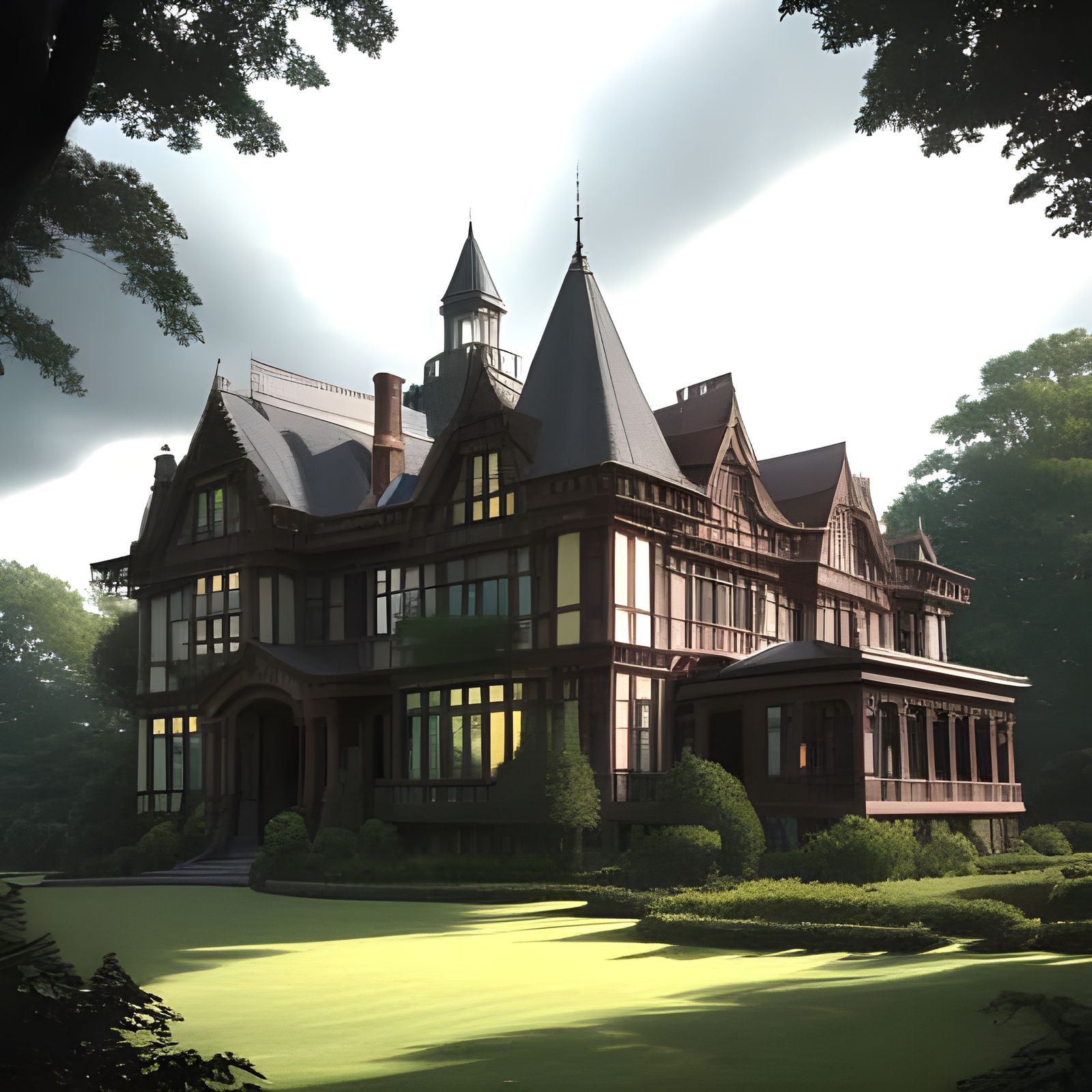 Majestic Brick Mansion in a Serene Green Landscape