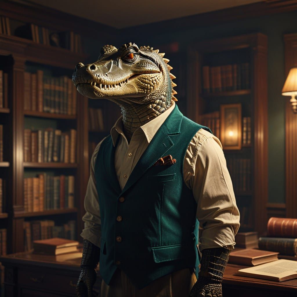 Gentleman Gator in Luxurious Study