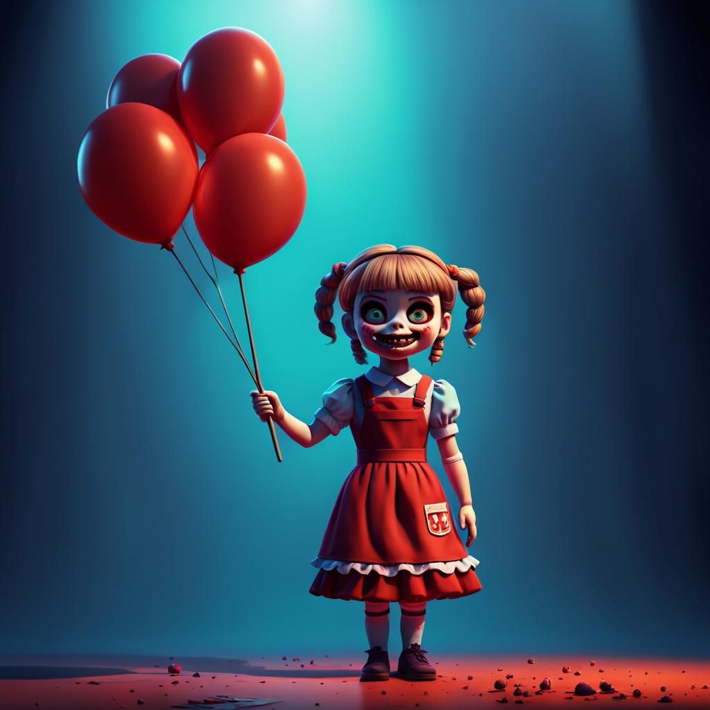 a realistic cute little girl dressed as Annabelle the serial...