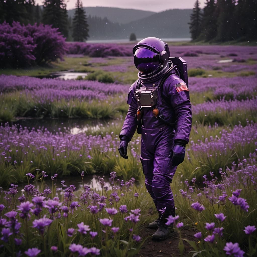 Purple Astronaut in Rainy, Moody Landscape
