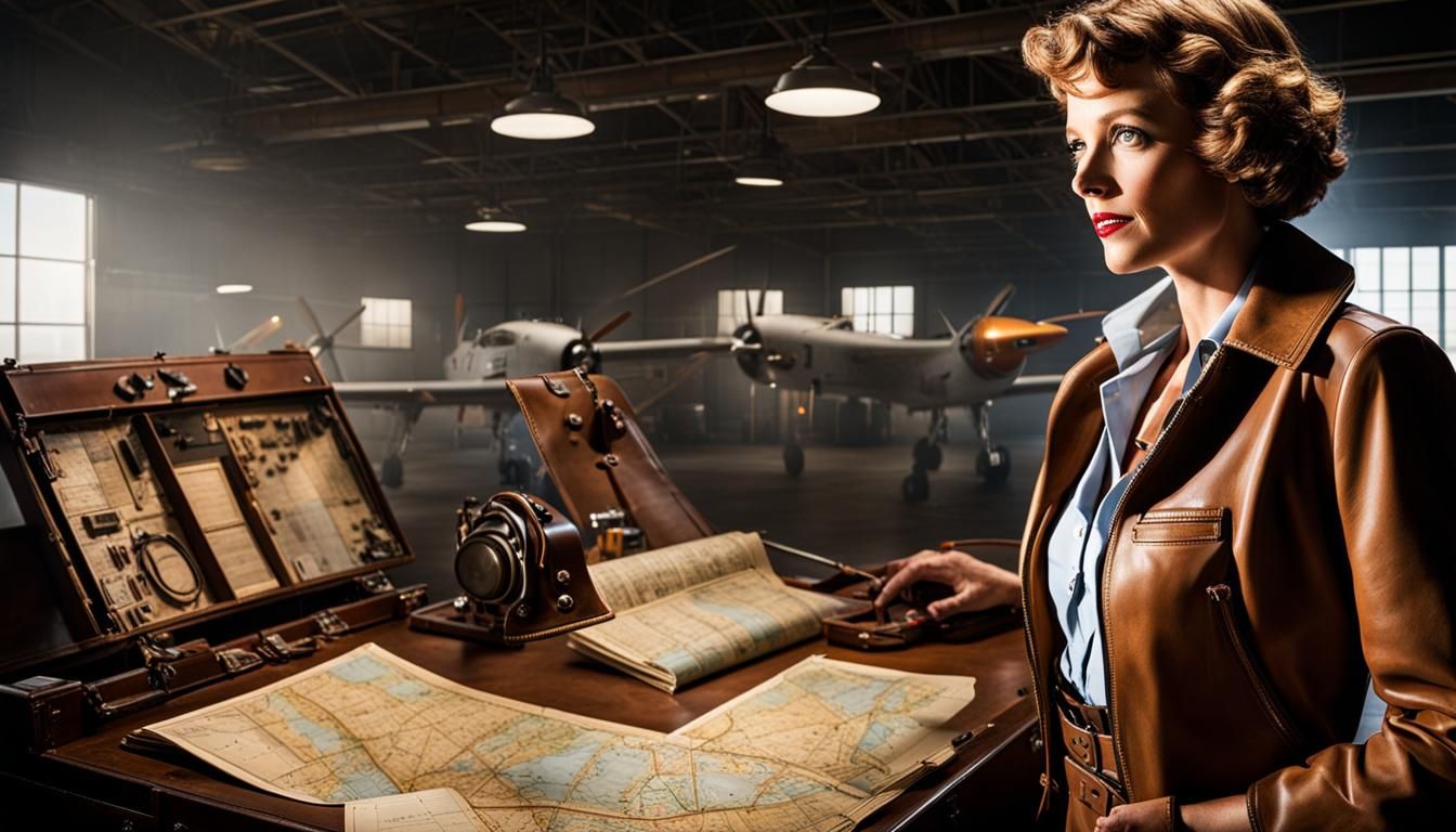 Amelia Earhart in Hangar with Maps and Tools