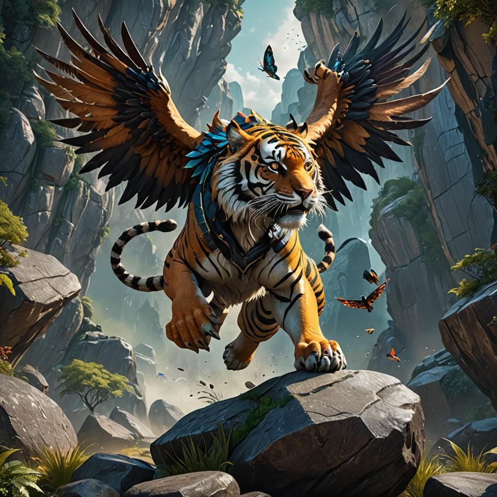 Winged Tiger on Boulder: Fantasy Concept Art
