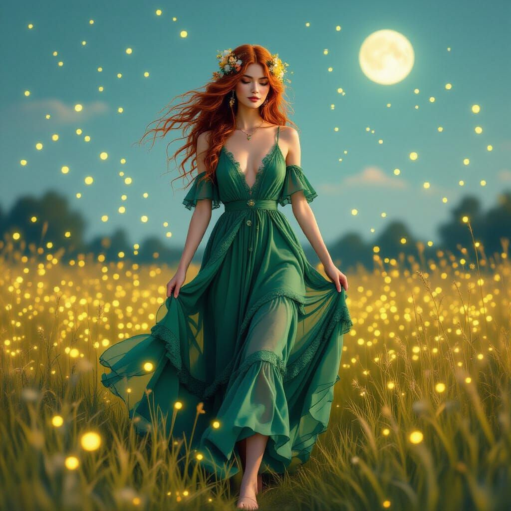 Bohemian Woman in Firefly Field, Ethereal Style
