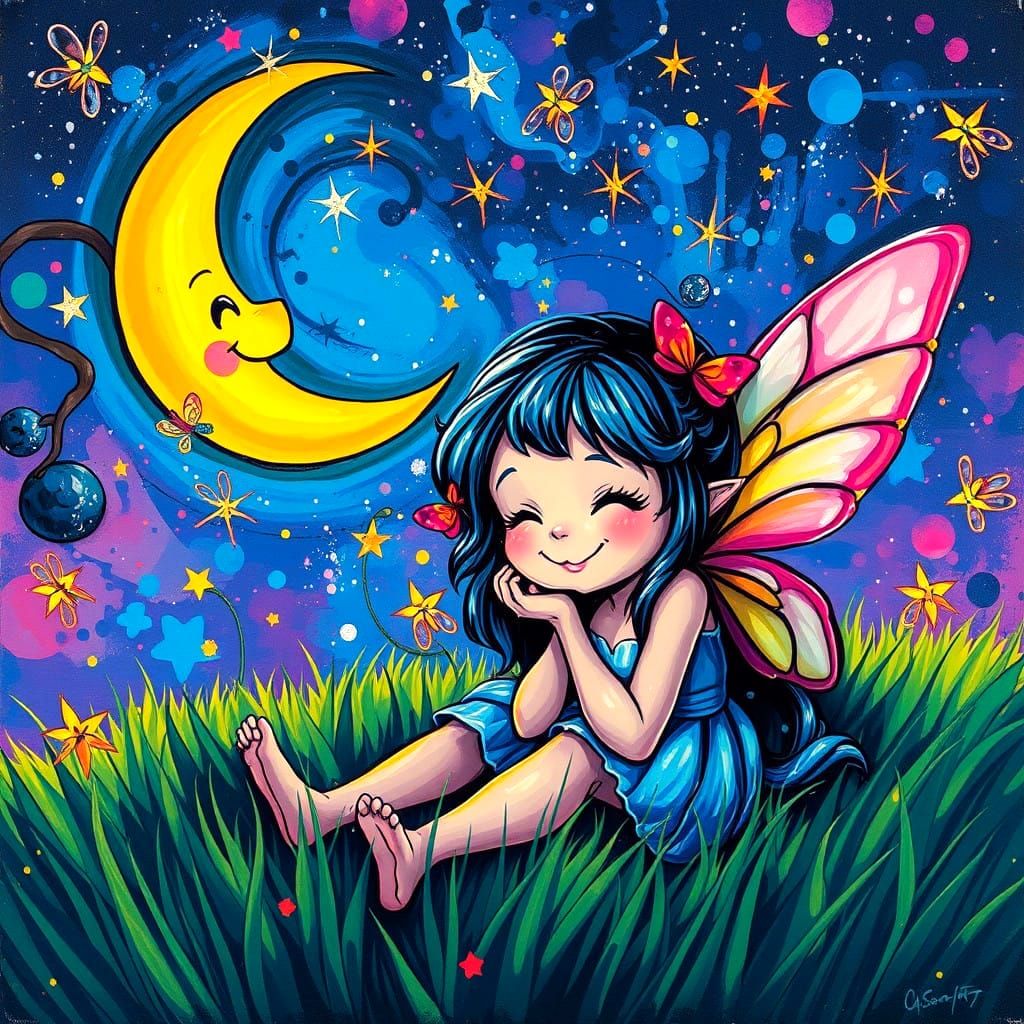 Whimsical Fairy Nite Sky Graffiti Art