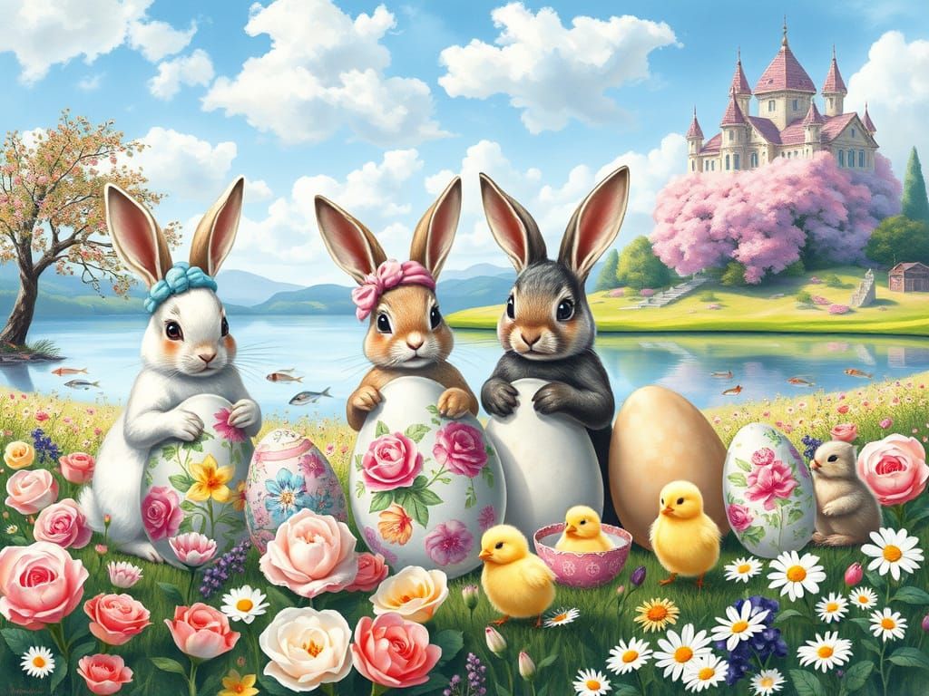 Easter Bunnies Painting Eggs in Floral Landscape