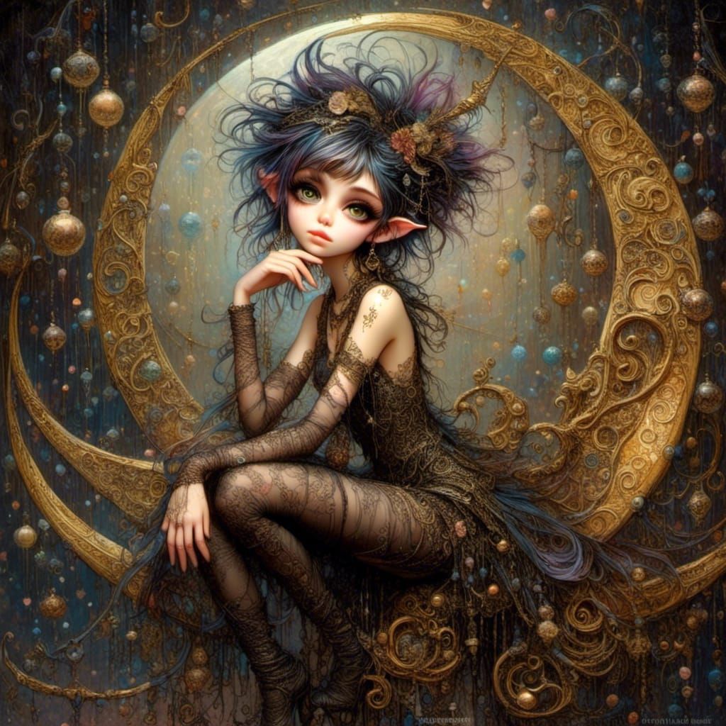 Pixie Punk Chick on Golden Moon, Oil Painting