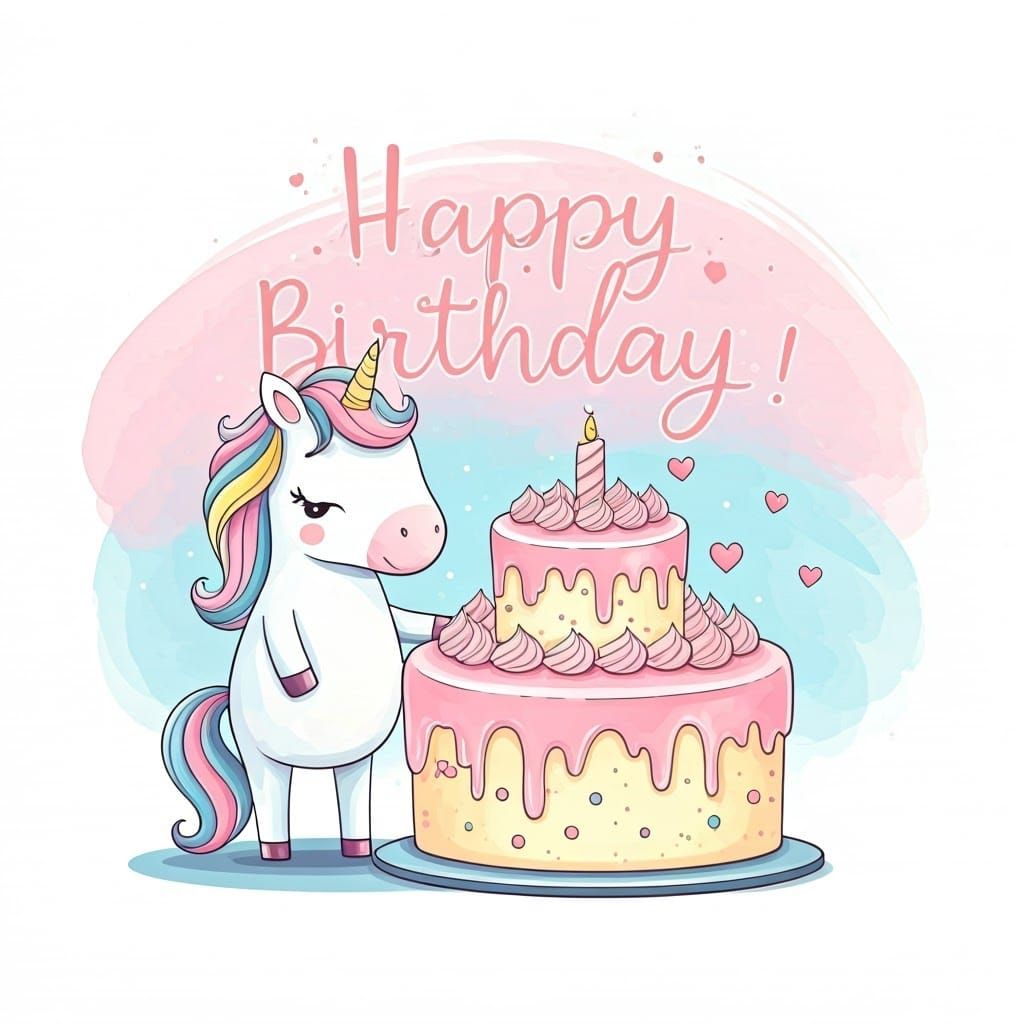 Cute Unicorn Birthday Cake Watercolor Painting