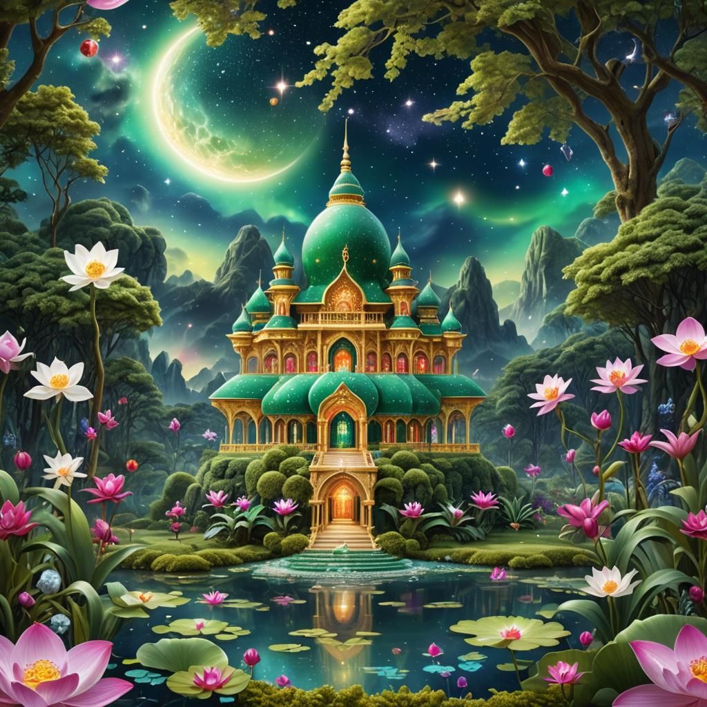 Ethereal Jewel Palace Under a Sparkling Galaxy