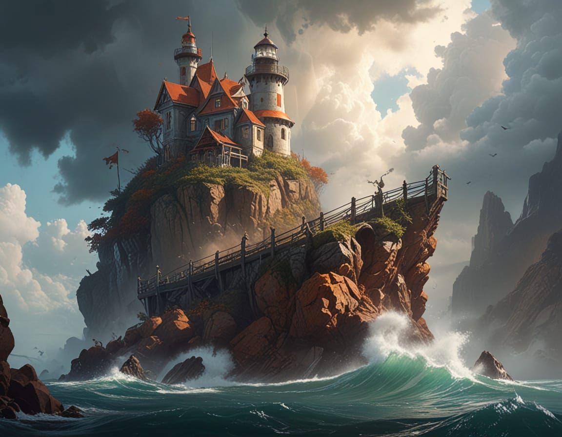 Surreal Fantasy Lighthouse Illuminates Mystical Landscape