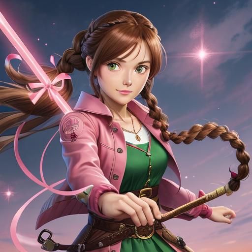 Anime Woman with Magic Stick and Pink Dress