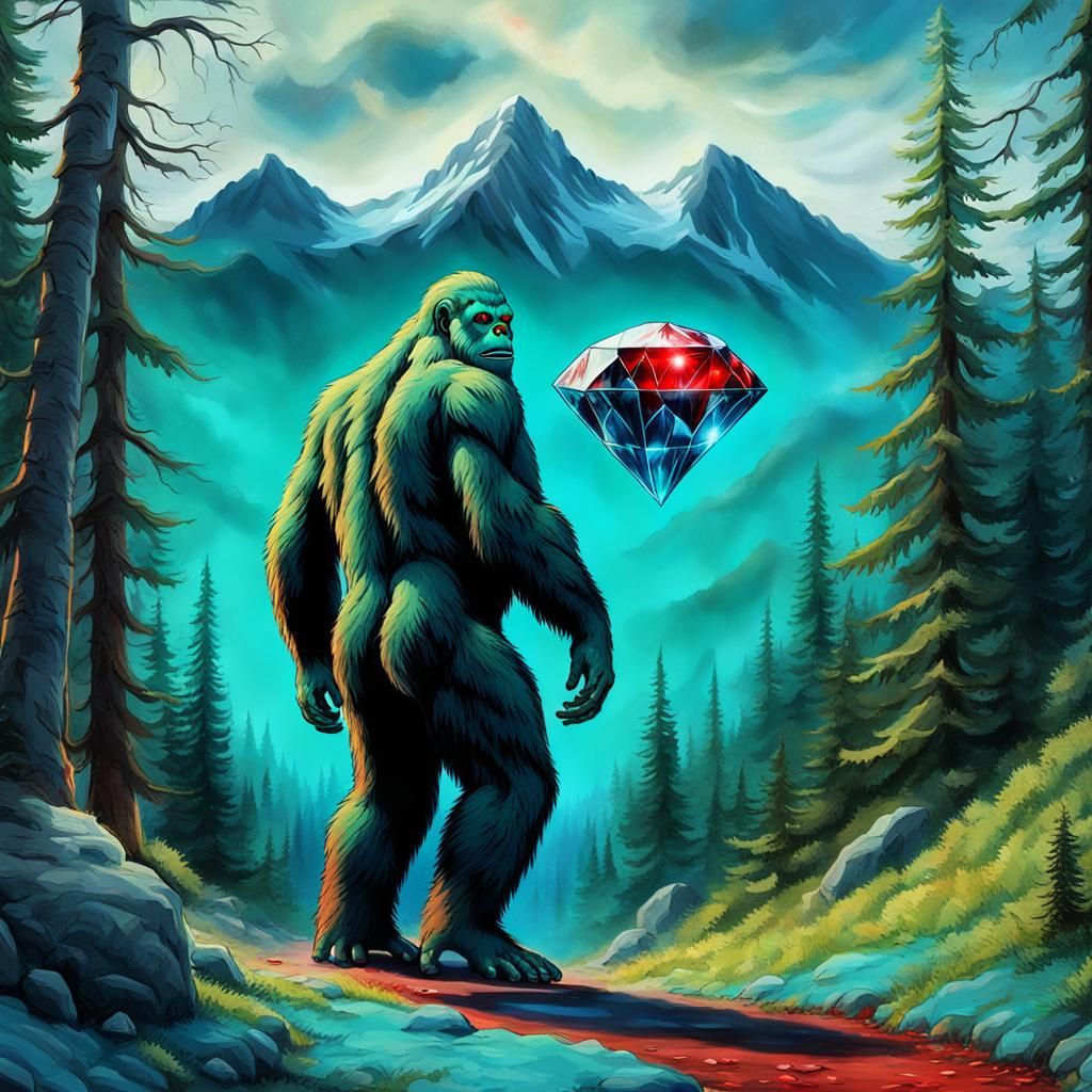 Blue-Green Bigfoot Holding Diamond: Realistic Rendering