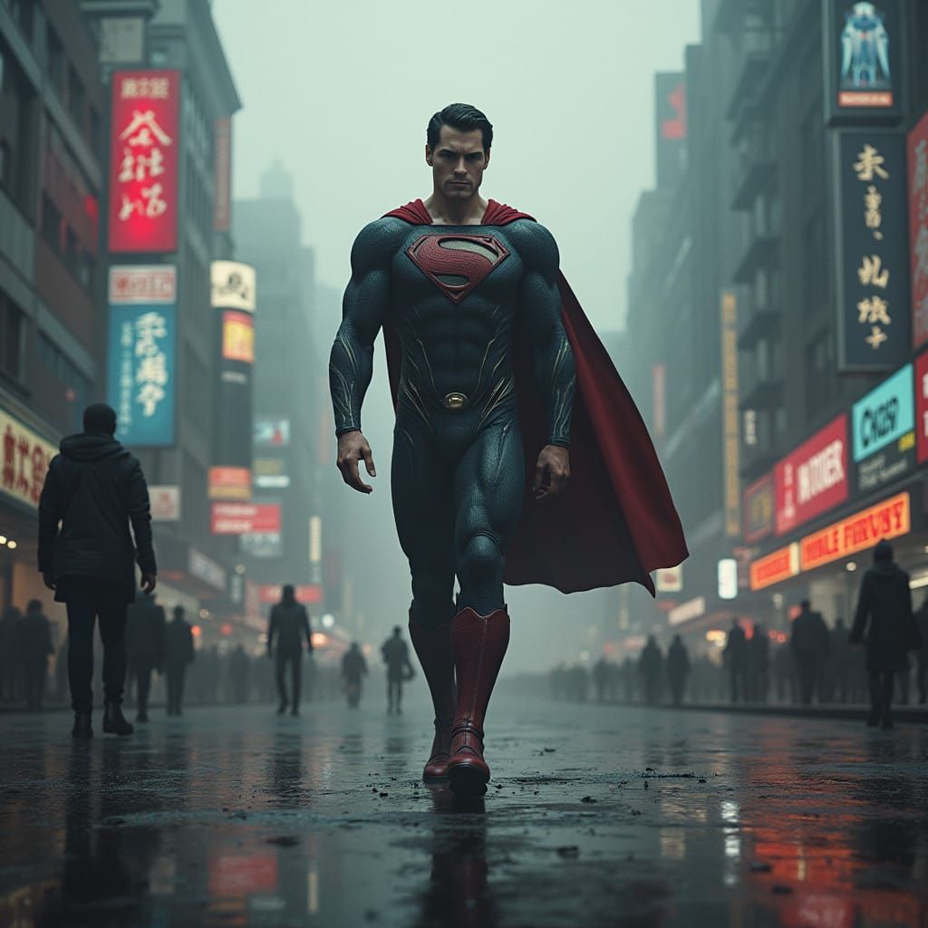 Superman in a Futuristic Dystopian Metropolis