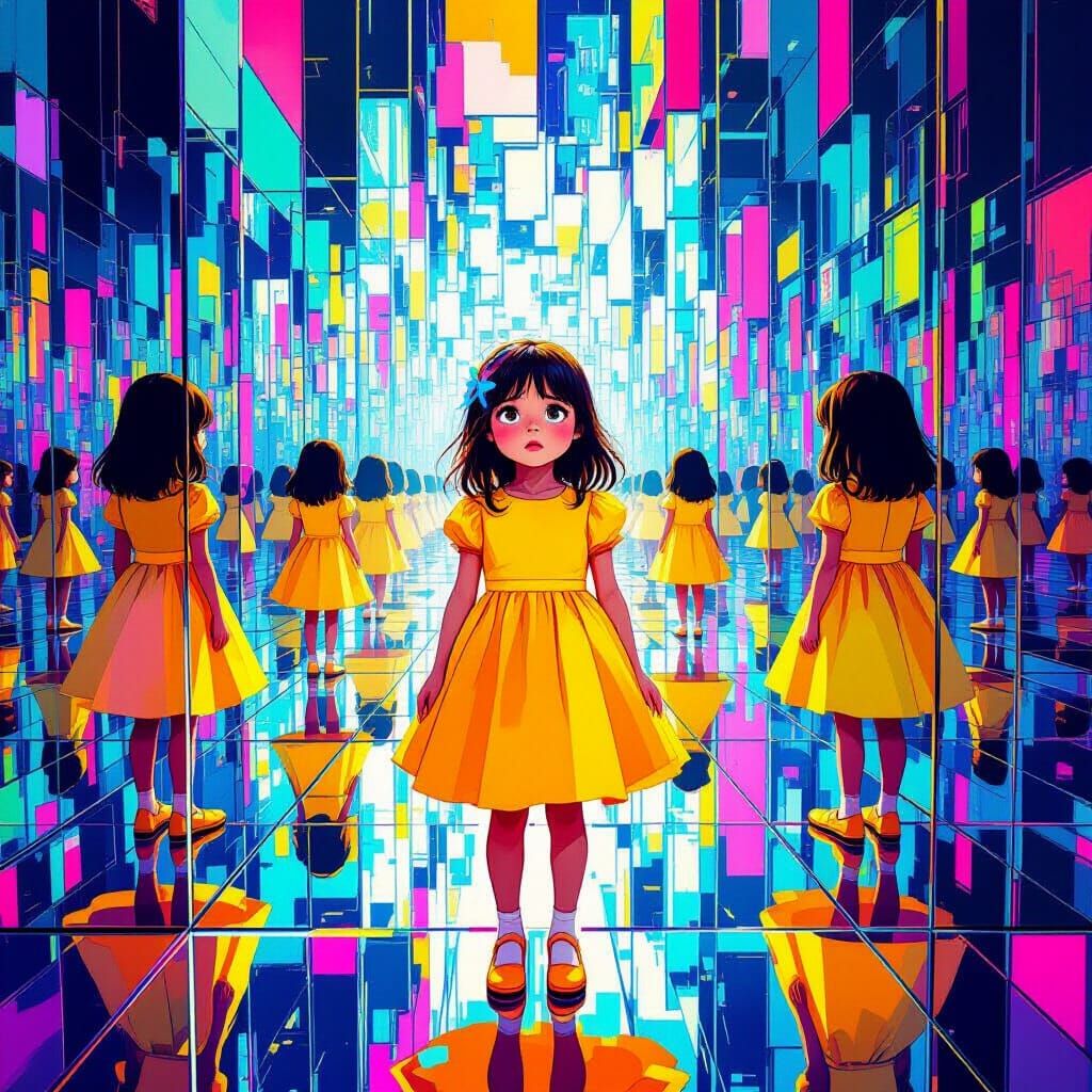 Colorful Hall of Mirrors: Girl in Dreamlike Reflections