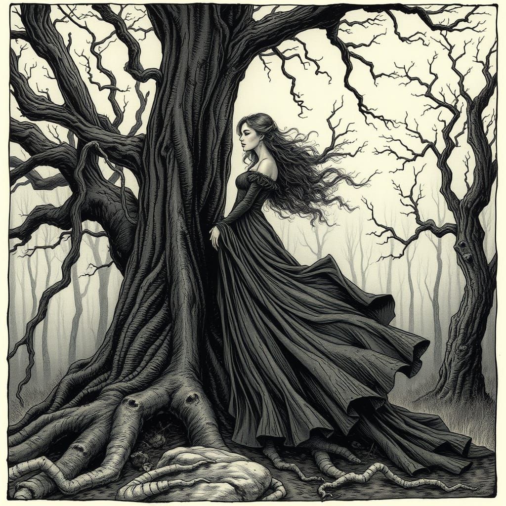 Ethereal Whimsy: Mysterious Woman Amidst Ancient Trees