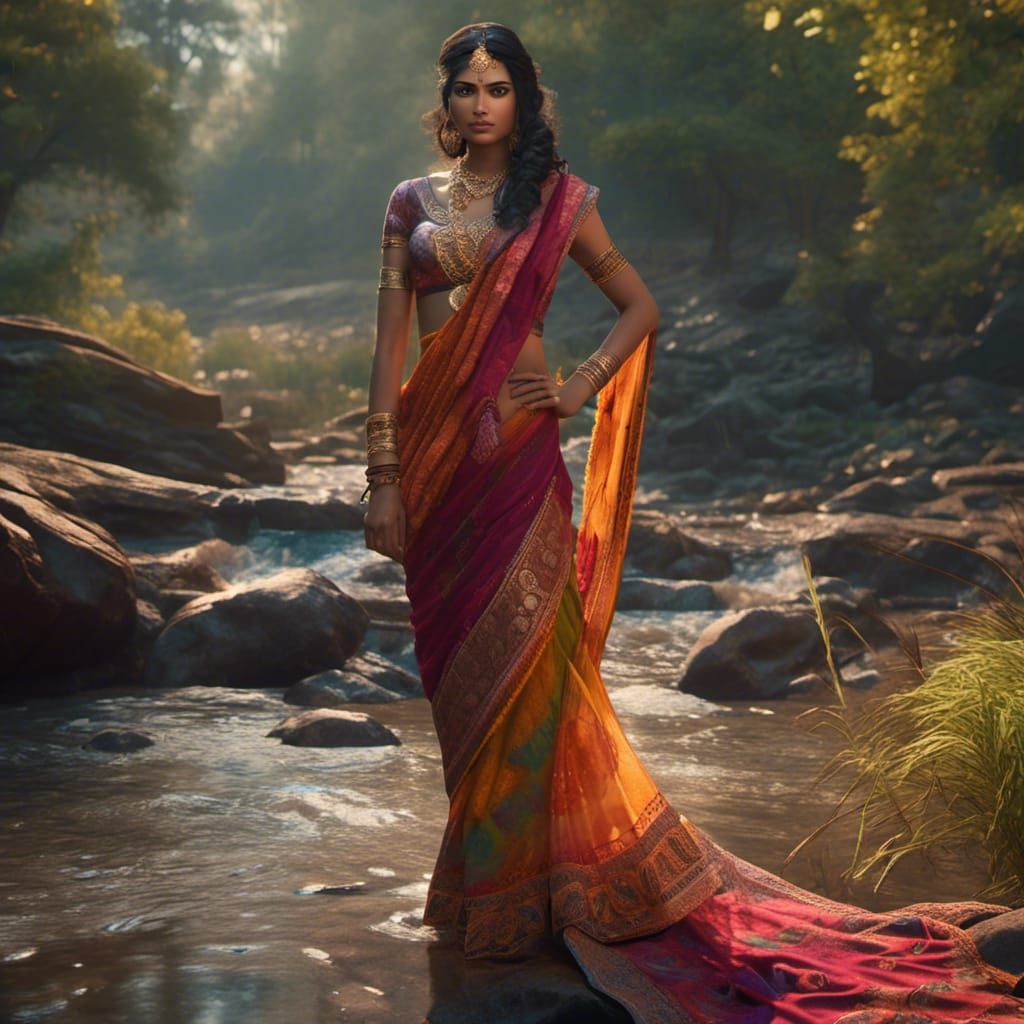 Indian Woman in Transparent Saree, Detailed Digital Painting