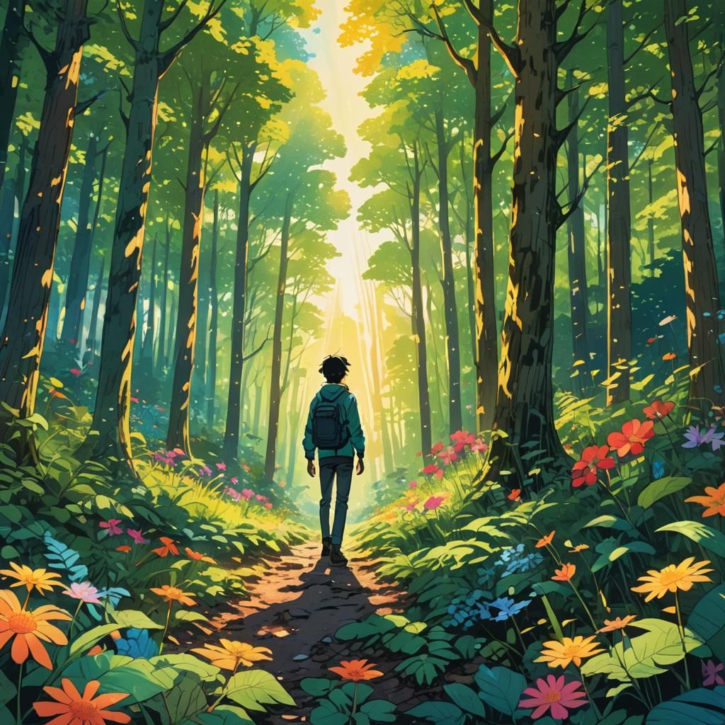 Lush Forest Scene in Manga Style Illustration